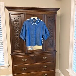 NVLT Blue Puff Sleeve Blouse with Pearl Studded Collar NWT